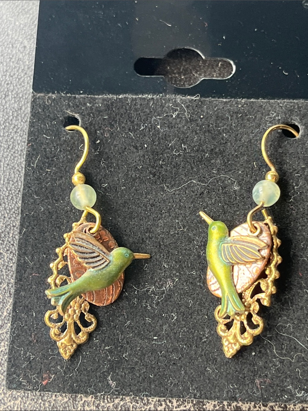 Green Hummingbird Drop Earrings with Gold Accents